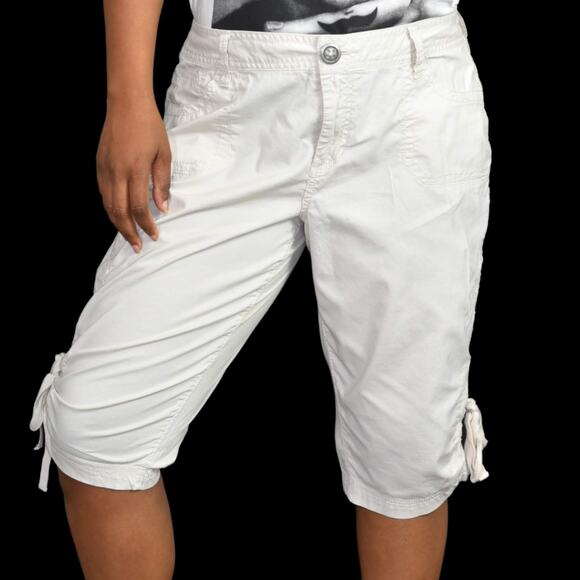 Vintage Cargo Capri Shorts Beige Bermuda Low Rise Embroidery Ruched Y2K Size 10 - Picture 1 of 13